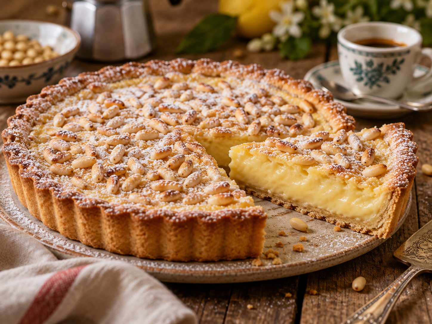 Torta della nonna toscana con pinoli e zucchero a velo, con una fetta tagliata che mostra la crema pasticcera