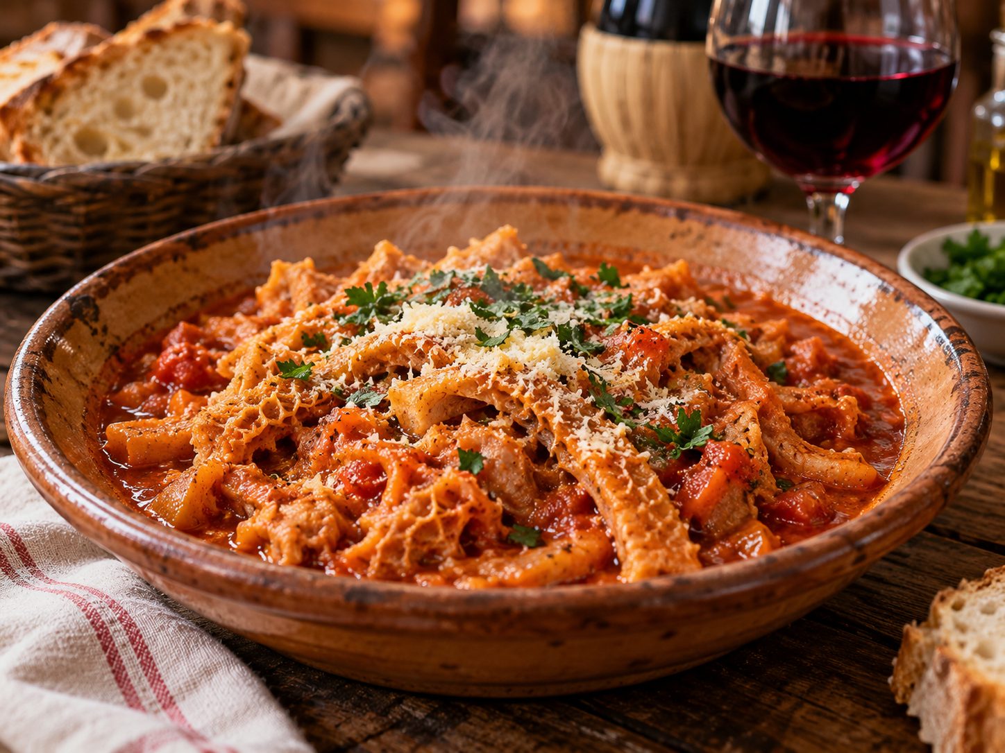 Trippa alla fiorentina al pomodoro con Parmigiano grattugiato in un piatto di coccio